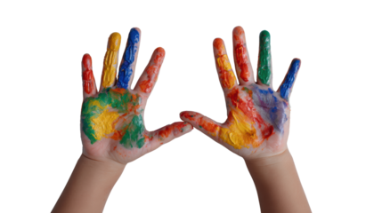Colorful painted hands, displaying creativity and artistic expression, isolated on a white background.