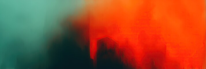 Abstract painting with teal and red color palette dramatic