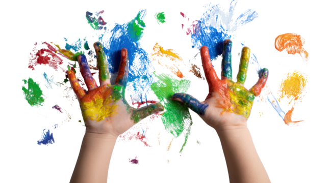 Colorful painted hands against a bright background, showcasing creativity and artistic expression.