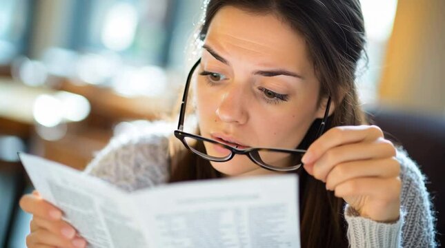 Woman Adjusting Glasses and Struggling to Read Small Print on Paper Indoors due to Myopia