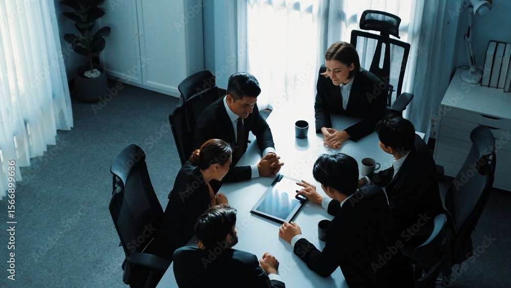 Aufkleber top view of diverse business team discuss about marketing idea while businessman analyze financial g