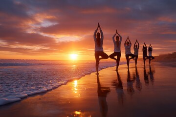Sunset yoga session on the beach with five participants practicing poses along the shoreline