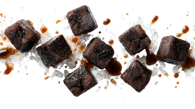 Delicious brown sugar cubes atop coarse salt, isolated on white background.