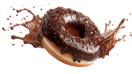 Delicious chocolate donut splashing in chocolate sauce, isolated on white background.