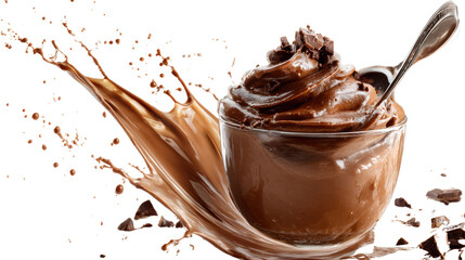 Delicious chocolate mousse in a glass with chocolate splash, highlighting its creamy texture and rich flavor.