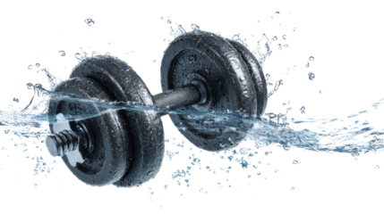 Dumbbell splashing with water, dynamic fitness concept on white background.