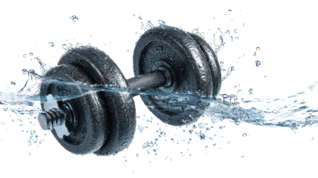 Dumbbell splashing with water, dynamic fitness concept on white background.