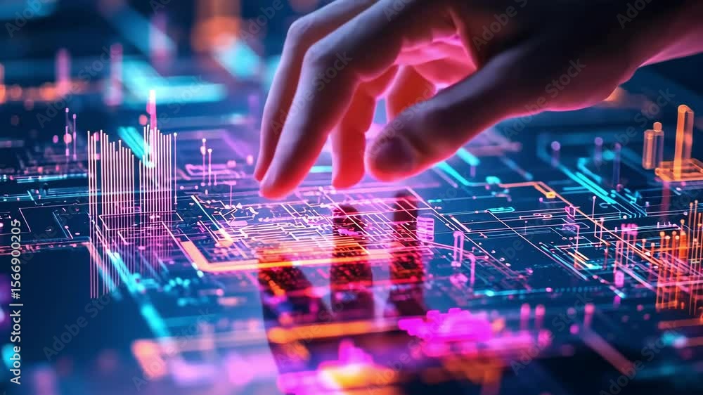 Poster hand interacts with a glowing interface with digital elements