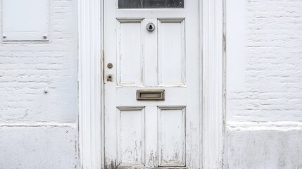 London door: old, white, wood, mail slot.
