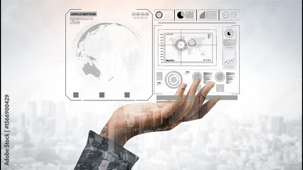 Poster high-tech global network connection interface showing worldwide digital communication, data exchange