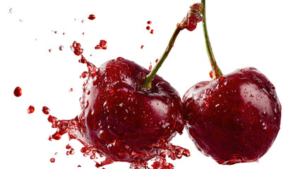 Fresh cherries with splashes of juice on a white isolate background