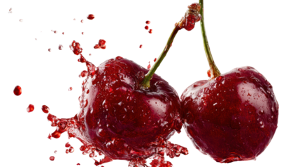 Fresh cherries with splashes of juice on a white isolate background