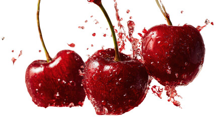 Fresh cherries with water droplets, white isolate background.