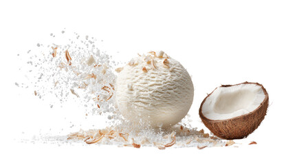 Fresh coconut with grated coconut flakes isolated on a white background.