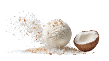 Fresh coconut with grated coconut flakes isolated on a white background.