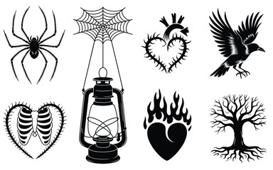 Naklejka premium Mystical Symbol Icon Set – Gothic Silhouettes of Nature, Anatomy, and Emotion
