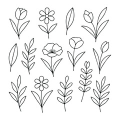 Botanical Line Art Icons — Elegant Minimalist Nature Series, A curated collection of fifteen botanical line art icons featuring diverse floral and leaf motifs — crafted in minimalist style and arrange