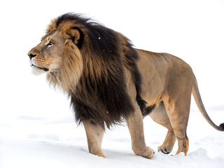 A majestic lion standing in the snow with a dark mane and a tan body in a bright white background