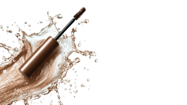 Mascara applicator with splash effect, on a white isolated background.