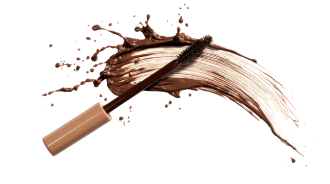 Mascara wand with chocolate splash, isolated on white background.
