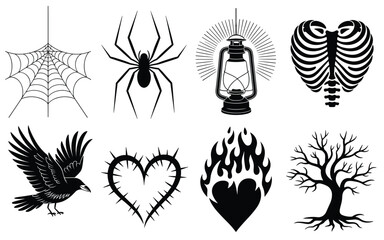Fototapeta premium Mystical Symbol Icon Set – Gothic Silhouettes of Nature, Anatomy, and Emotion