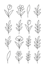 Botanical Line Art Icons — Elegant Minimalist Nature Series, A curated collection of fifteen botanical line art icons featuring diverse floral and leaf motifs — crafted in minimalist style and arrange