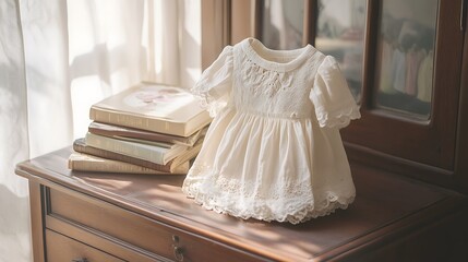 wedding dress on a bed