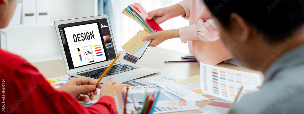 Poster graphic designer software for modern design of web page and commercial brisk ads showing on the comp