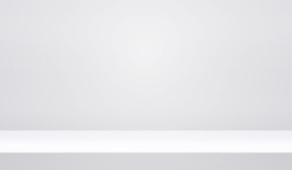 White studio background. Abstract empty room with soft light for product. Simple grey neutral backdrop. Line horizon. Gray gradient background. Texture blank wall and floor. Vector illustration