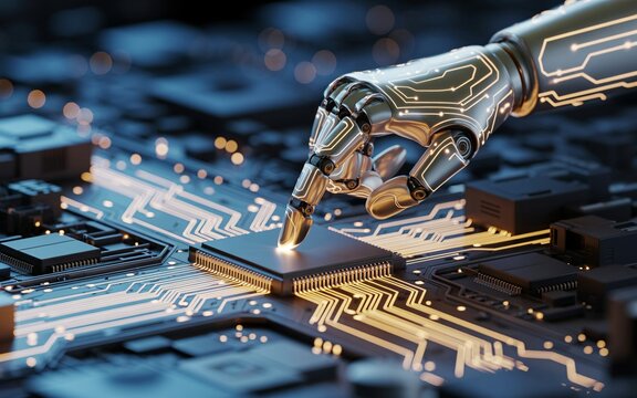 A futuristic robotic hand is depicted poised over a glowing microchip on a complex circuit board, radiating digital light trails