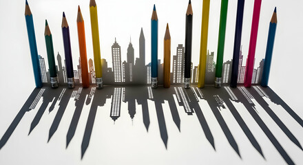 Colored pencil city skyline shadow