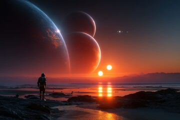 Astronaut explores alien landscape at sunset with multiple planets in the sky