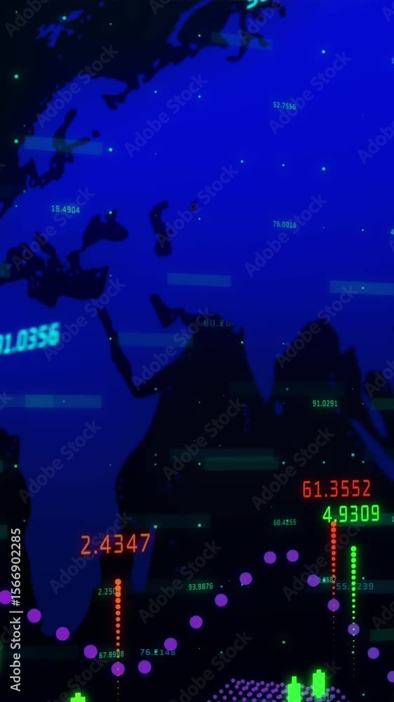 Poster animation of numbers changing and data processing with world map