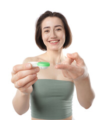 Woman with contact lens and case on white background