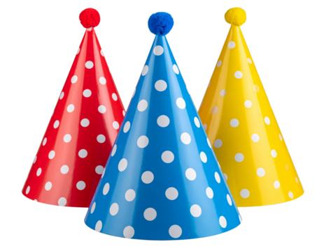 Colorful Cone-Shaped Party Hats with Polka Dot Patterns, isolated on a transparent background