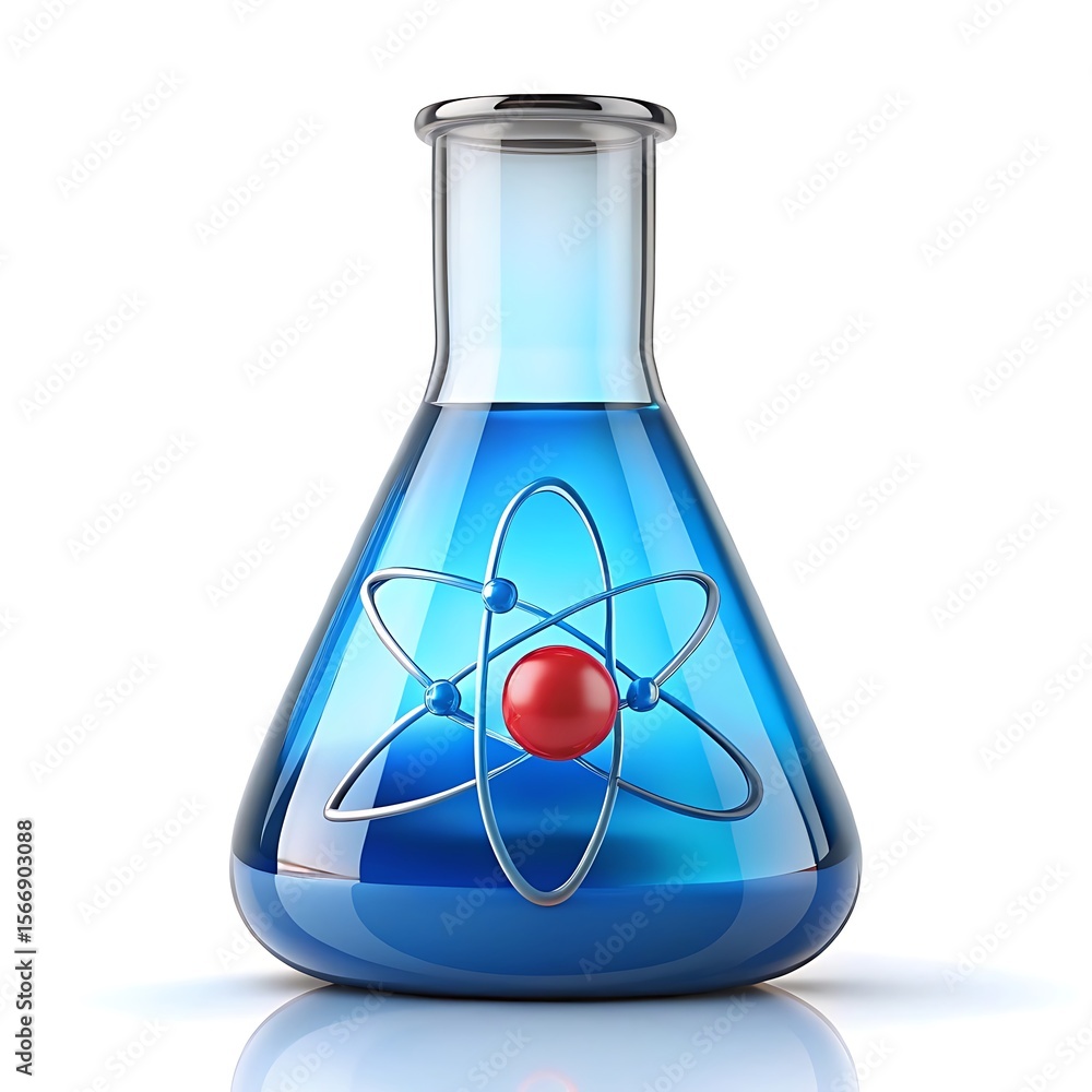 Poster a science flask with a blue liquid and atom symbol is isolated on white background