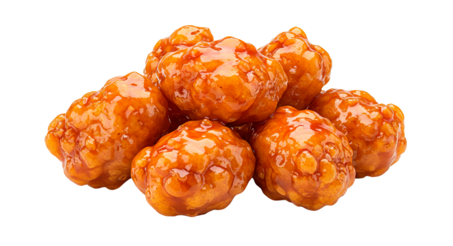 A pile of delicious, golden-brown boneless chicken bites coated in a sweet and savory sauce.