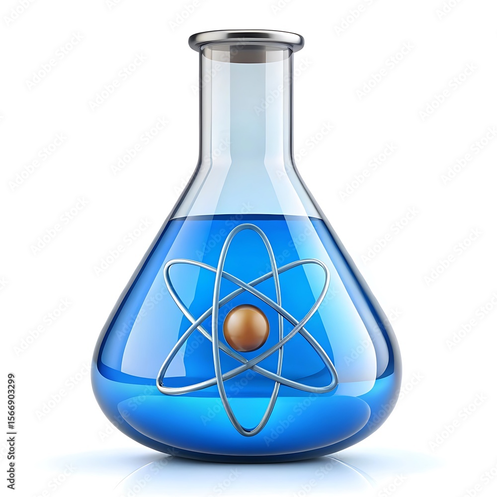 Poster a science flask with a blue liquid and atom symbol isolated on white background