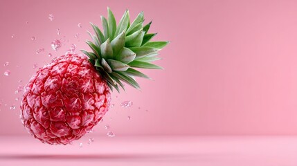 Red pineapple is floating in the air with water droplets surrounding it