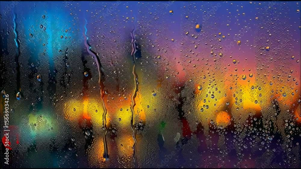 Poster raindrops on a glass pane merging and trickling down with a colorful background of reflections