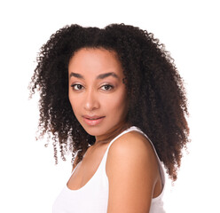 Beautiful Brazilian woman with healthy skin on white background