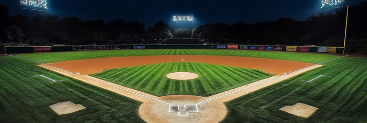 Panoramic view of baseball field under evening lights Generative AI