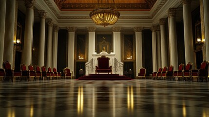 Grand hall with rows of ornate chairs and a throne.