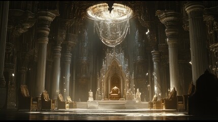 Grand hall with ornate throne and columns.