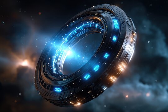 Futuristic hovering ring structure radiating blue and orange lights in a dark cosmic environment