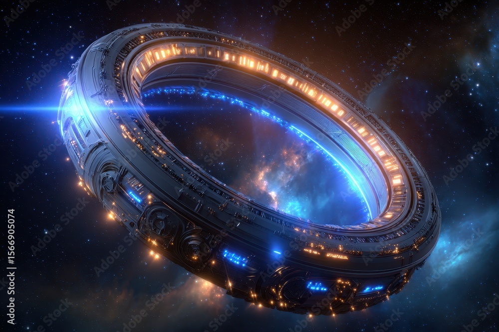 Aufkleber futuristic spacecraft hovering in deep space with illuminated details and cosmic background during a
