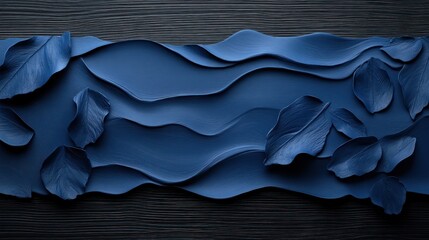 Obraz premium Dark blue abstract background with flowing forms and leaves
