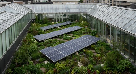 Rooftop garden with solar panels, surrounded by glass structures, showcasing sustainable urban design.