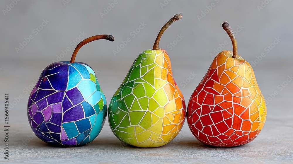 Poster three pears with colorful designs on them are arranged in a row
