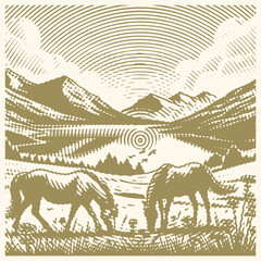 Hash circle line effect vector illustration of two horses peacefully grazing in scenic alpine meadow near mountain lake landscape, postal stamp style nature wildlife outdoors calm beauty